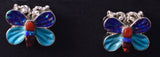 Silver & Turquoise Multistone Zuni Inlay Butterfly Earrings by Erva Quam 5G18Q
