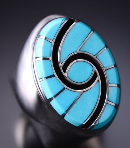 Vintage Size 11-1/4 Silver & Turquoise Zuni Inlay Men's Ring - Dickie Quandelacy 6E14J