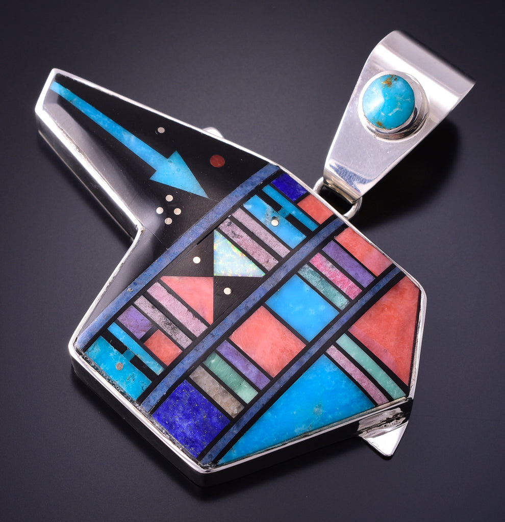Silver & Turquoise Multistone Navajo Inlay Bear Pendant by
