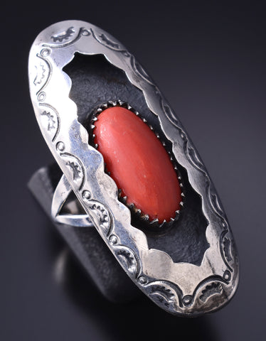 Size 7-1/4 Vintage Silver & Coral Navajo Handstamped Long Ring 6A03P