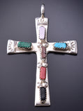 Silver & Turquoise Multistone Zuni Handmade Cross Pendant by Cecilia Iule 6G29D