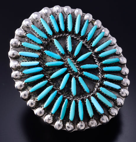 Size 6-3/4 Vintage Silver & Turquoise Neeplepoint Zuni Ring by DJ Ghahate 6A21H