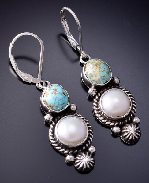 Silver & Golden Hills Turquoise Fresh Pearl Navajo Earrings by Erick Begay 6F28J