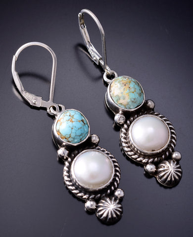 Silver & Golden Hills Turquoise Fresh Pearl Navajo Earrings by Erick Begay 6F28J