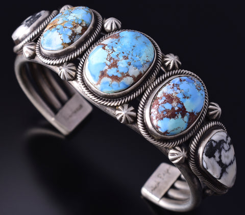 Silver & Golden Hills Turquoise White Buffalo Navajo Bracelet Erick Begay 5F30R