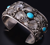 Silver & Kingman Turquoise Feathers Flowers Navajo Bracelet Jerry Thompson 5J18H