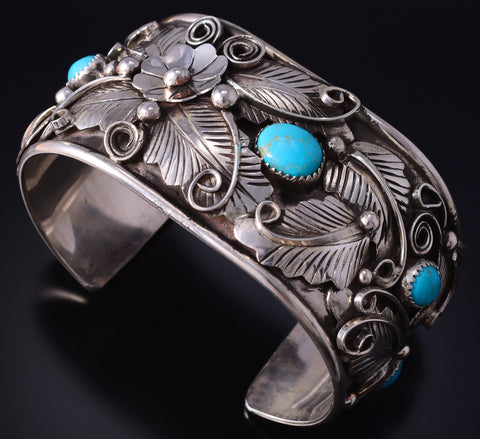 Silver & Kingman Turquoise Feathers Flowers Navajo Bracelet Jerry Thompson 5J18H