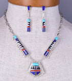 Zuni Mulitstone Silver & Lapis Inlay Necklace with Earrings by Elena Panchella 5L23K