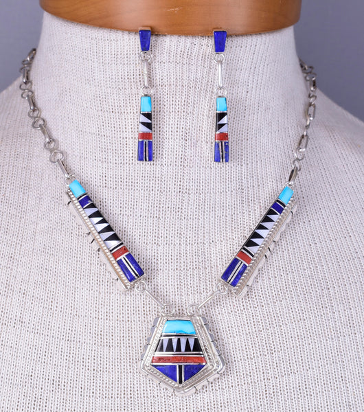 Zuni Mulitstone Silver & Lapis Inlay Necklace with Earrings by Elena Panchella 5L23K
