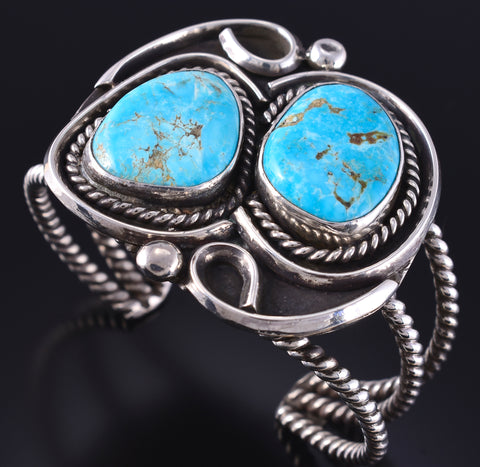 Vintage Silver & Turquoise Navajo Open Face Bracelet signed PQ 5K10F