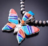 Silver & Turquoise Multistone Navajo Inlay Butterfly Pendant by TSF 3L08C