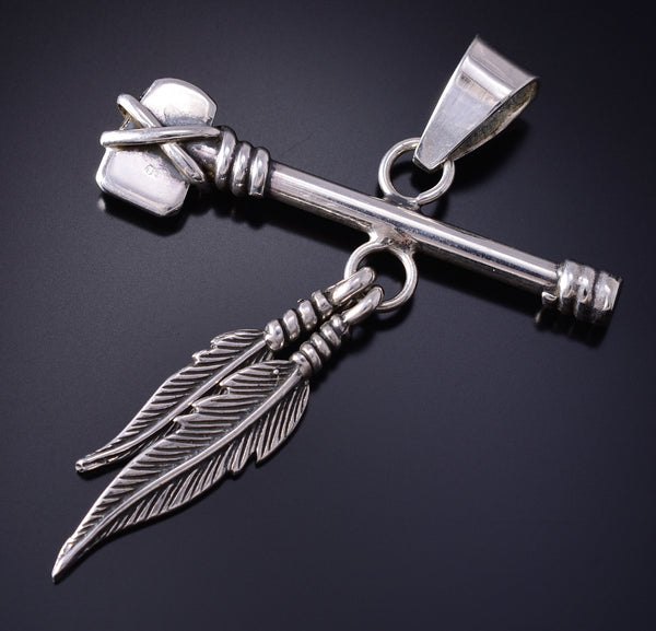 Silver Navajo Handmade Tomahawk w/ Eagle Feathers Pendant by Erick Begay 5G12W