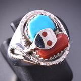 Size 6-3/4 Silver & Turquoise w' Coral Zuni Effie C. Snake Ring 4A12K