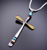 Silver & Turquoise Multistone Zuni Inlay Cross Pendant By Sylvester Noche - 6J31Y