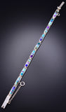 Silver & Turquoise Multistone Navajo Inlay Link Bracelet Evangeline David 6H31G