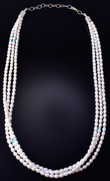 3 Strand Fresh Water Pearl Turquoise Nuggets Navajo Necklace - Erick Begay 5H03N
