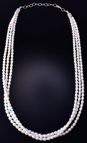 3 Strand Fresh Water Pearl Turquoise Nuggets Navajo Necklace - Erick Begay 5H03N