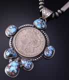 Silver & Golden Hills Turquoise Morgan Silver Dollar Coin Pendant by Nelson Nez 5J18N