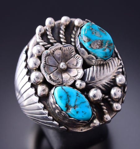 Preowned Size 10-1/2 Silver & Turquoise Feather Navajo Ring 3K31H