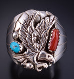 Size 11.5 Silver & Turquoise Coral Eagle Navajo Men's Ring by Grace Smith 5L05N