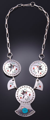 Silver & Turquoise Multistone Navajo Inlay Hummingbird Love Necklace by Raymond Boyd 3F19A