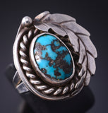 Vintage Size 7-3/4 Silver & Turquoise Side Feather Navajo Ring 5G28N