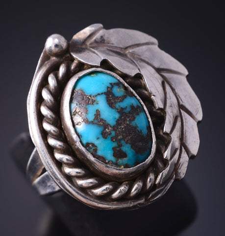 Vintage Size 7-3/4 Silver & Turquoise Side Feather Navajo Ring 5G28N