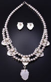 Vintage Silver & Pink Mother of Pearl w/ Feathers Necklace & Earring Set 5D07Z
