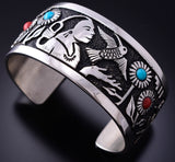 Turquoise & Coral Navajo Woman Hummingbird Bracelet by Philbert Begay 3J30A