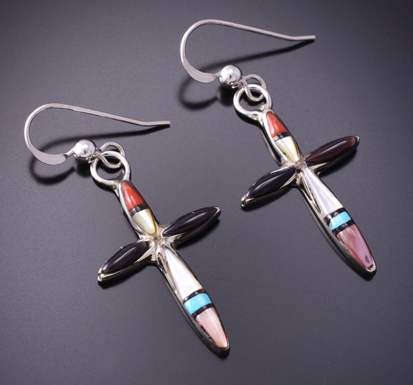 Silver & Turquoise Multistone Zuni Inlay Cross Earrings by Lynette Bowannie 3G03K