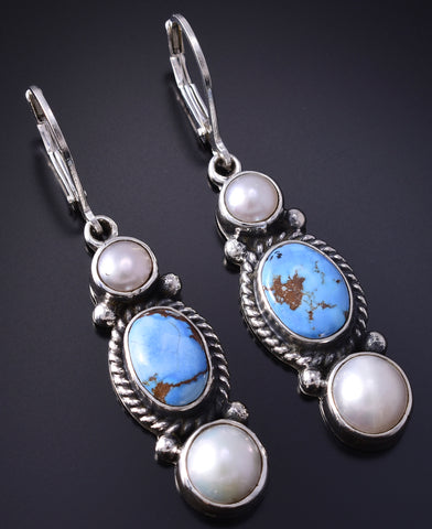 Silver & Golden Hills Turquoise Fresh Pearl Navajo Earrings by Erick Begay 5H02P