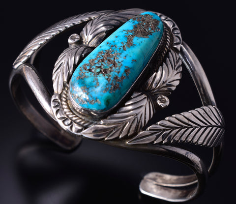 Vintage Silver & Turquoise Feathers Navajo Open-Faced Bracelet signed DW 5J29Y