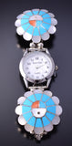 Silver & Turquoise Multistone Zuni Sunface Inlay Watch by Denise Siutza 4L07M