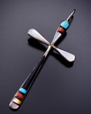 Silver & Turquoise Multistone Zuni Inlay Cross Pendant By Sylvester Noche - 6J31Z