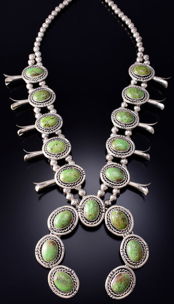 Vintage Silver & Gaspeite Navajo Squash Blossom Necklace signed KA 6G29P