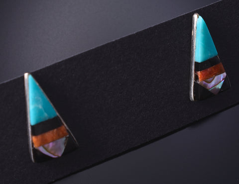 Silver & Turquoise Multistone Zuni Inlay Post Earrings by Jennette Chavez 5G22F