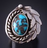 Vintage Size 7-3/4 Silver & Turquoise Side Feather Navajo Ring 5G28N