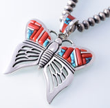 Silver & Coral & Turquoise Navajo Inlay Butterfly Pendant by Erick Begay 3H20Y