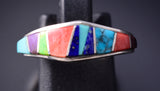 Size 7-1/2 Silver & Turquoise Multistone Navajo Inlay Ring - Rose Ann Long 5L07W