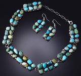 17" Silver & Turquoise Navajo Handmade Necklace & Earrings Set John Skeets 6H06O