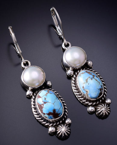 Silver & Golden Hills Turquoise Fresh Pearl Navajo Earrings by Erick Begay 6F28L