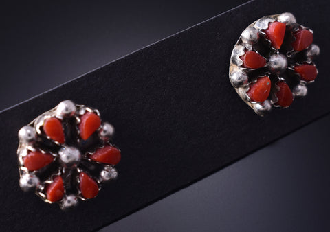 Silver & Coral Zuni Petit Point Flower Earrings by Tricia Leekity 5G22D