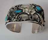 Wide Silver Navajo Turquoise Cuff Bracelet by Jerry Thompson - 5L17A