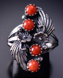 Size 6-1/2 - Four Coral Silver Feather Ring - Traditional Navajo 6J30H