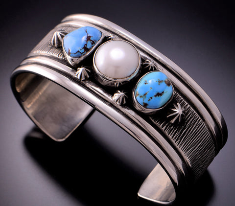 Silver & Golden Hills Turquoise Fresh Pearl Navajo Bracelet Erick Begay 3C24A
