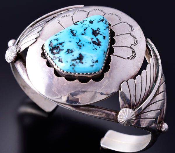 Vintage Silver & Turquoise Feathers Navajo Bracelet by R. Yazzie 3J30M