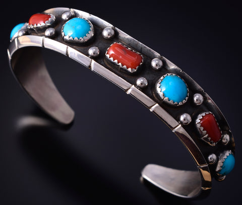 Sterling & Turquoise Coral Navajo Handmade Bracelet by Reed Charley 5J18K
