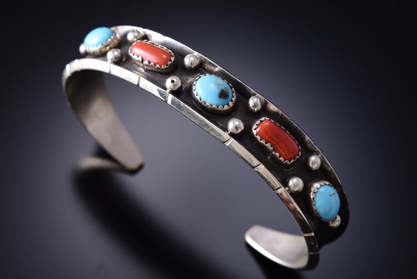 Large Size - Traditional Turquoise Coral Navajo Bracelet by Reed Charley 6K28Q