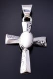 Navajo Handmade Silver Cross Pendant with White Buffalo Turquoise by Allen Lee 5L17X