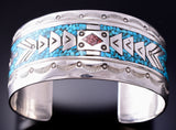 Silver & Turquoise w/ Coral Navajo Chip Inlay Bracelet by Frances Begeay 4A31B